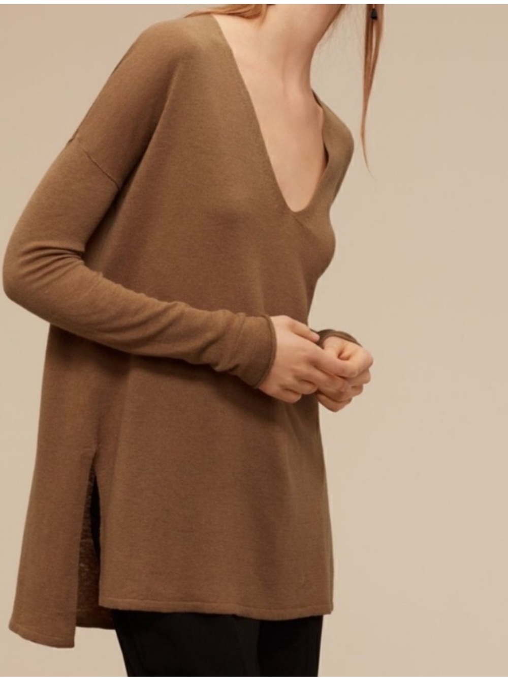 Aritzia Babaton Erin Camel Wool Linen Lightweight Loose Fit Sweater, SZ XXS